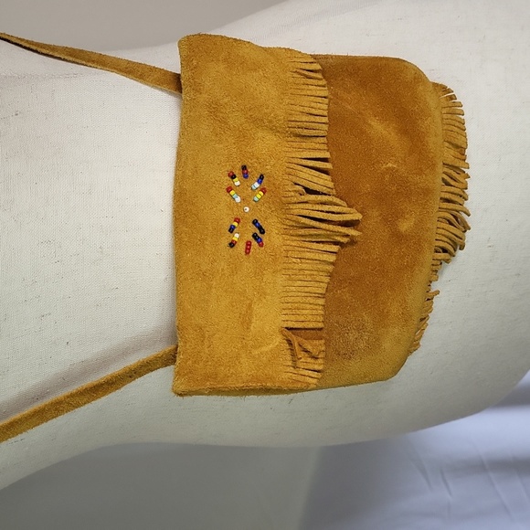 Suede Native Purse beads fringe  crossbody 5 x 6" 90s Cherokee NC good used cond - Picture 8 of 16